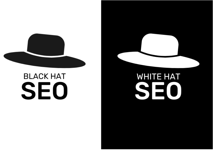 Illustration comparing Black Hat SEO with a black hat on a white background and White Hat SEO with a white hat on a black background.