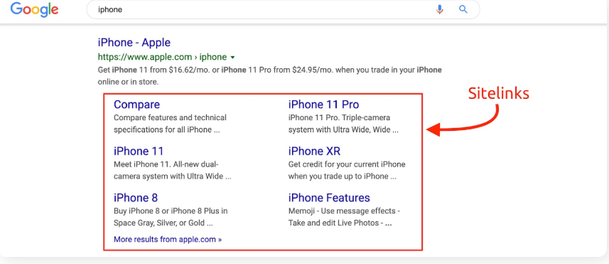 Google search results for the branded keyword 'iPhone,' showing Apple's website with sitelinks for iPhone models and features.