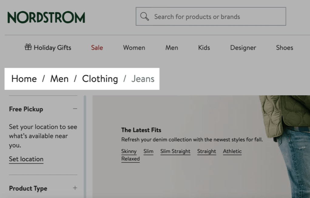 Breadcrumb navigation example showing a path: Home > Men > Clothing > Jeans on the Nordstrom website.