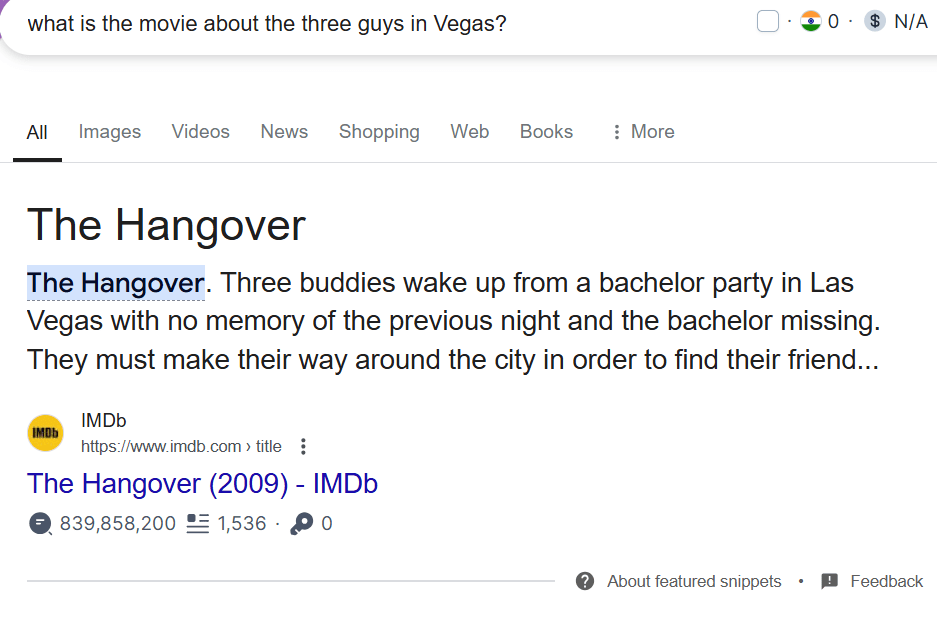 A screenshot showing a Google search for ‘What is the movie about three guys in Vegas?’ demonstrating the Hummingbird update by accurately identifying the result as The Hangover based on search intent rather than exact keyword matching.