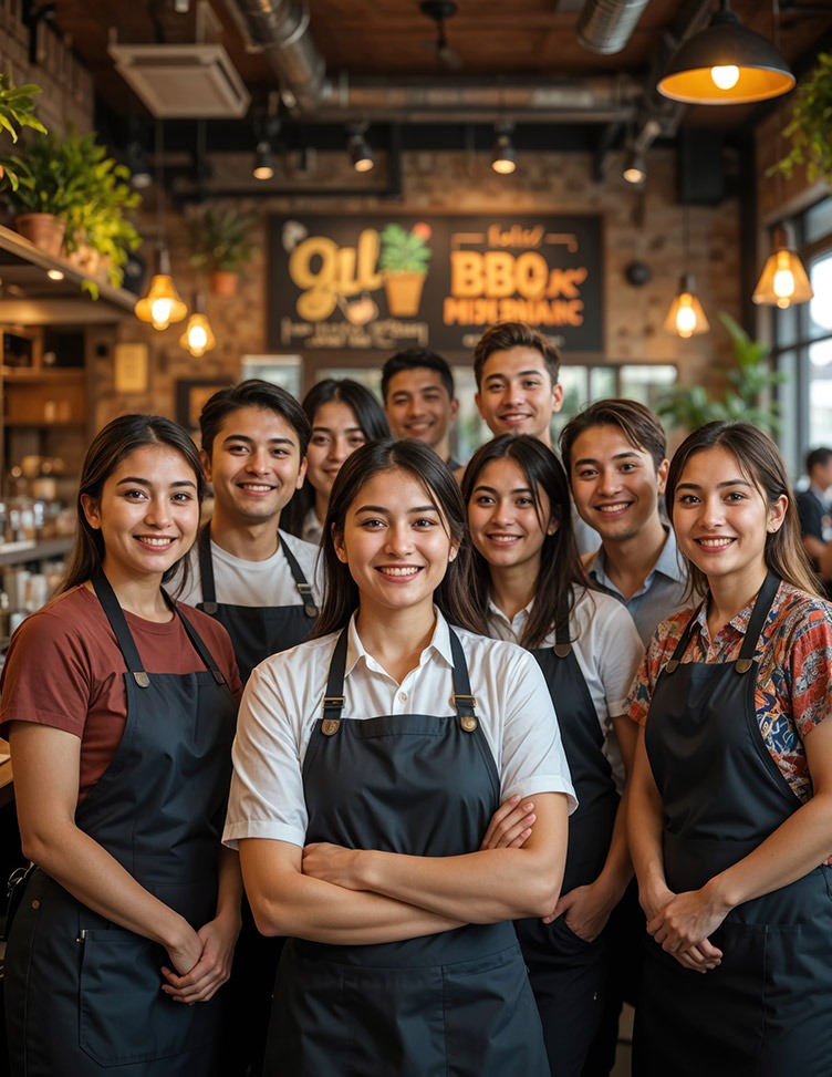 A group of people wearing aprons in a restaurant setting.