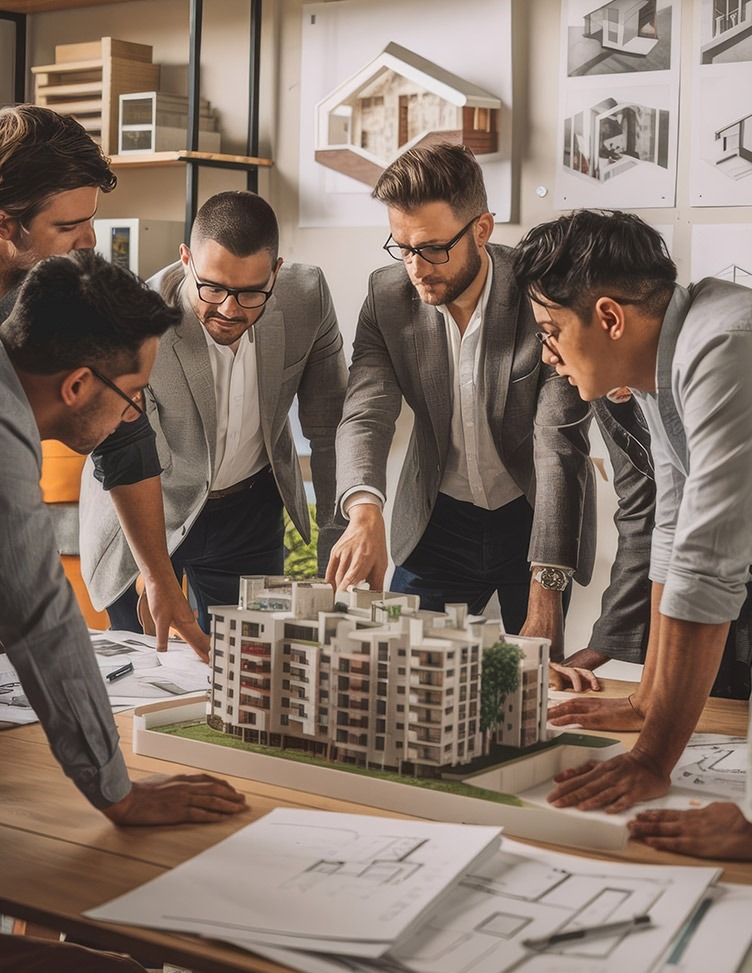 A group of people discussing a real estate plan while holding a model flat on the table.