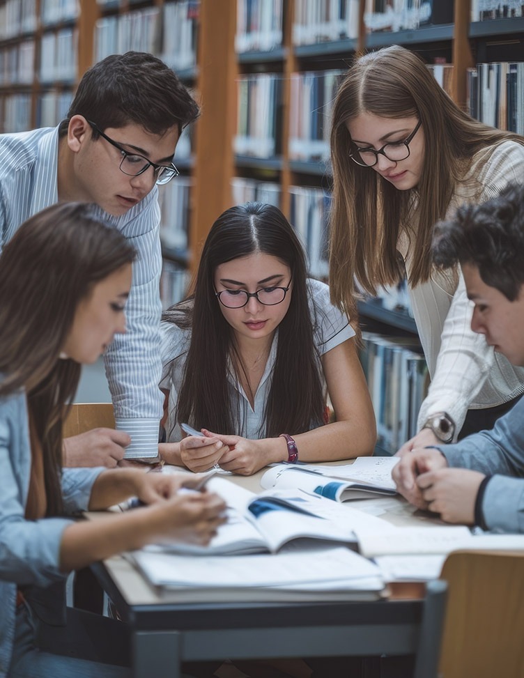 A group of students studying together in a library.