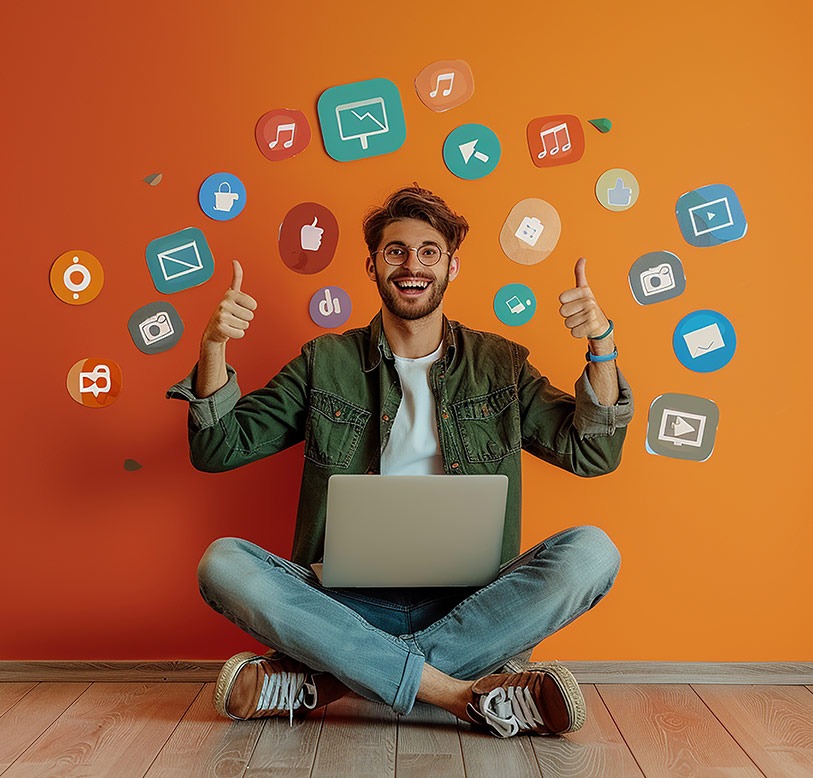 A man sitting on the floor with a laptop on his lap, surrounded by floating social media icons.