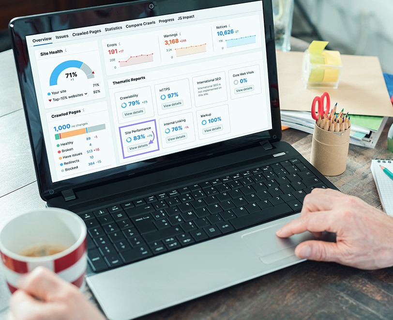 A laptop screen displaying a website health check dashboard.